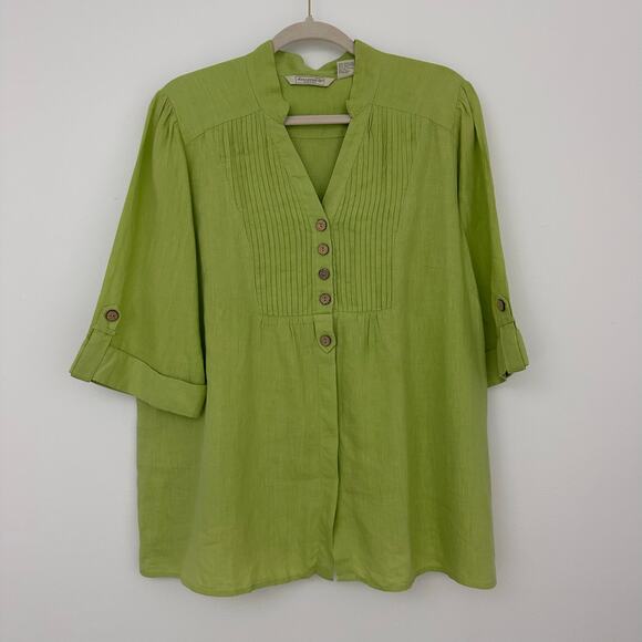 Deane White Womens 1X 100% Linen Green Button Up Shirt 1/2 Sleeve Fall Workwear - Picture 1 of 4